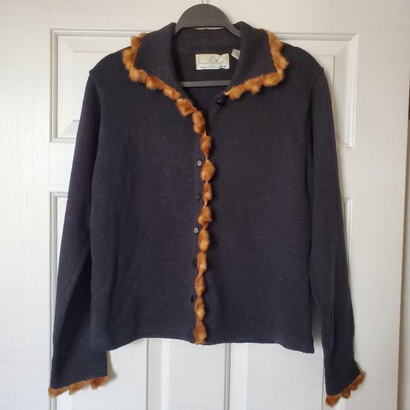 no brand Sweaters - VINTAGE Retro Fur Trimmed Black Cardigan Ruffled sleeve cuff Size S